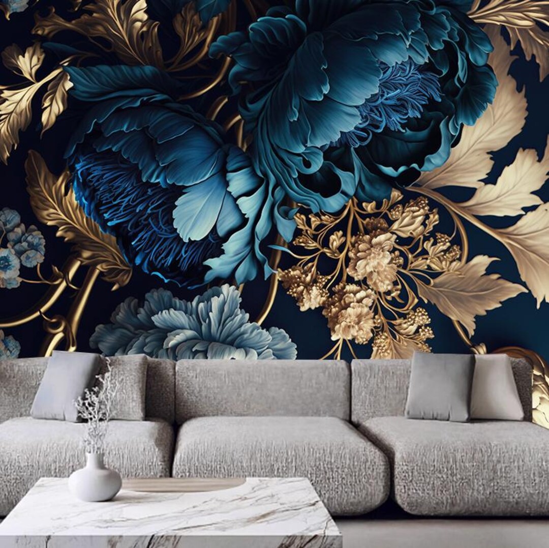 Dark Background Blue Peony Flowers Floral Wallpaper Wall Mural Home ...