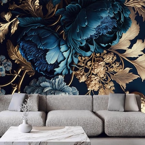Dark Background Blue Peony Flowers Floral Wallpaper Wall Mural Home Decor