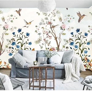 Chinoiserie Brushwork Vine Flower with Flying Birds Home Decor Wallpaper Wall Mural