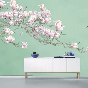 Chinoiserie Mint Green Background Hanging Magnolia with Flying Birds Wallpaper Wall Mural Home Decor for Living Room Bedroom Dinning Room