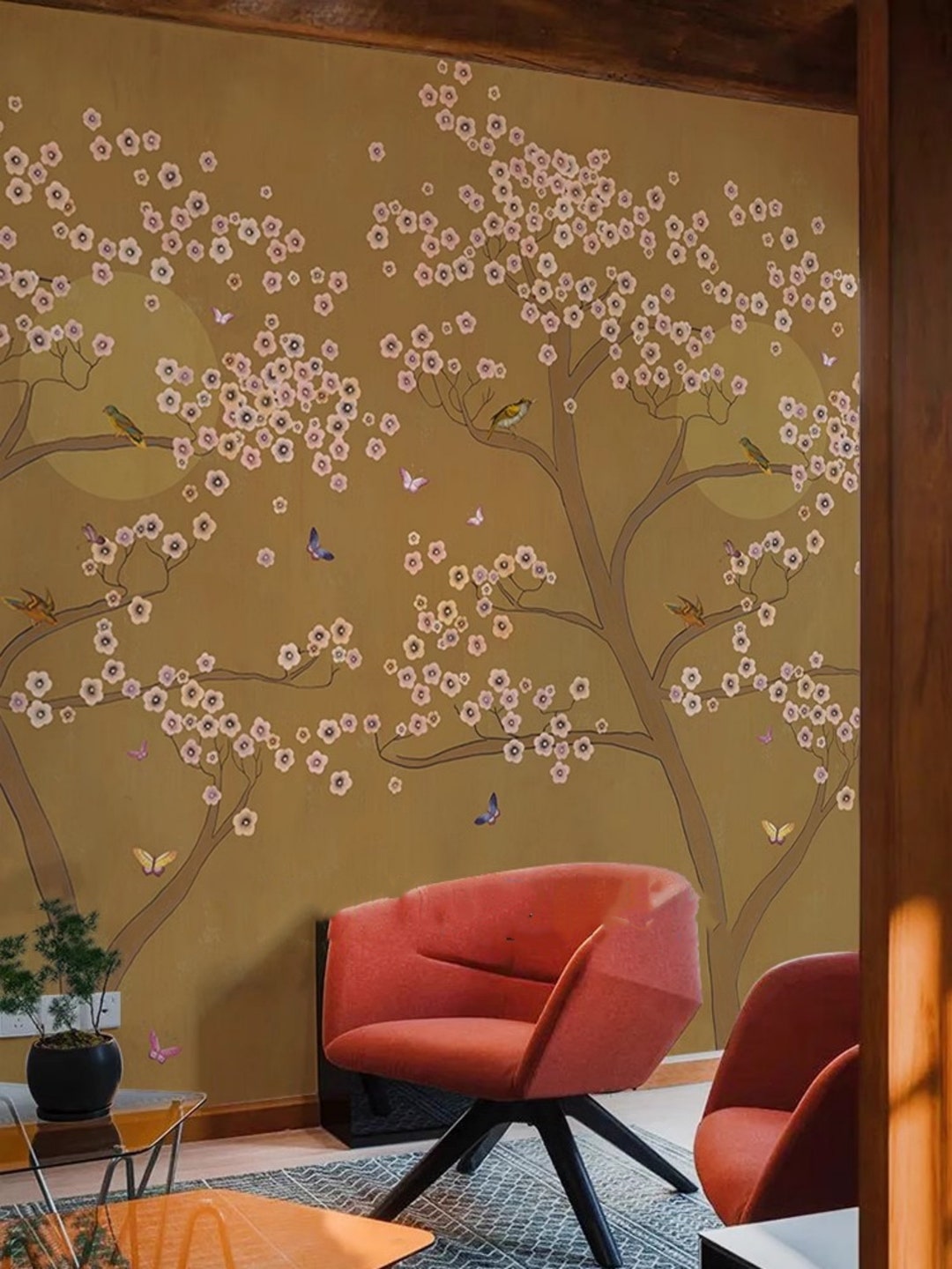 Chinoiserie Cherry Blossom Wallpaper Mural: Birds & Flowers Home Decor ...