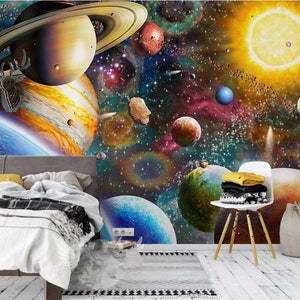 Cartoon Space Planets Nursery Wallpaper, Handpainted Cosmic Baby&#39; Room or Kids&#39; Room Wall Murals Wall Decor
