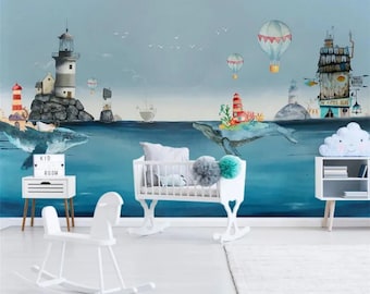 Watercolor Whale Nursery Mural: Nordic Ocean Kids' Room Decor