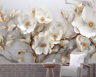 3D花柄壁紙壁画：白い花、金色の幹の木 - Etsy 日本