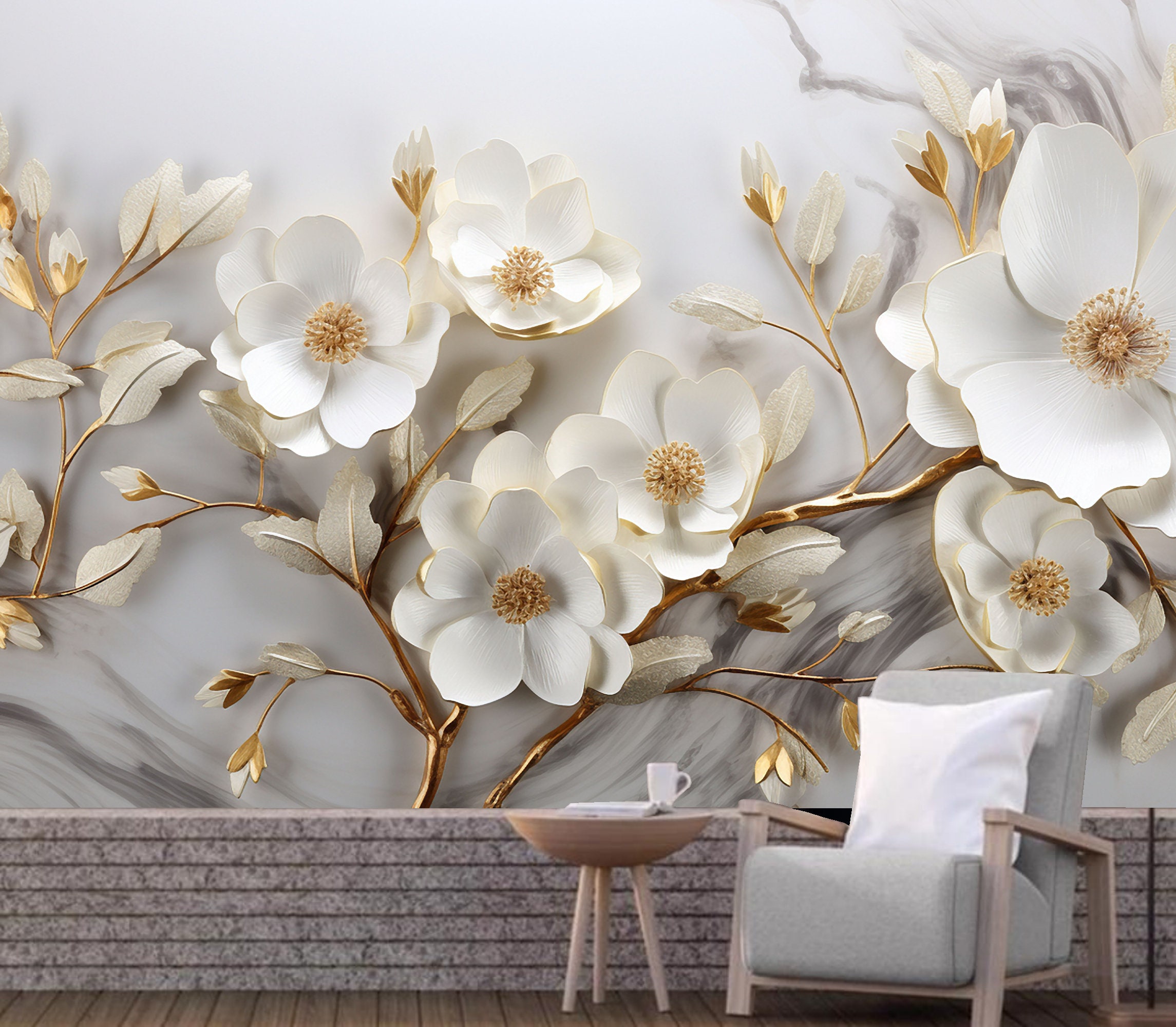 3D White Flowers Wallpaper Mural: Golden Branches Wall Decor - Etsy, image size:2290x2000