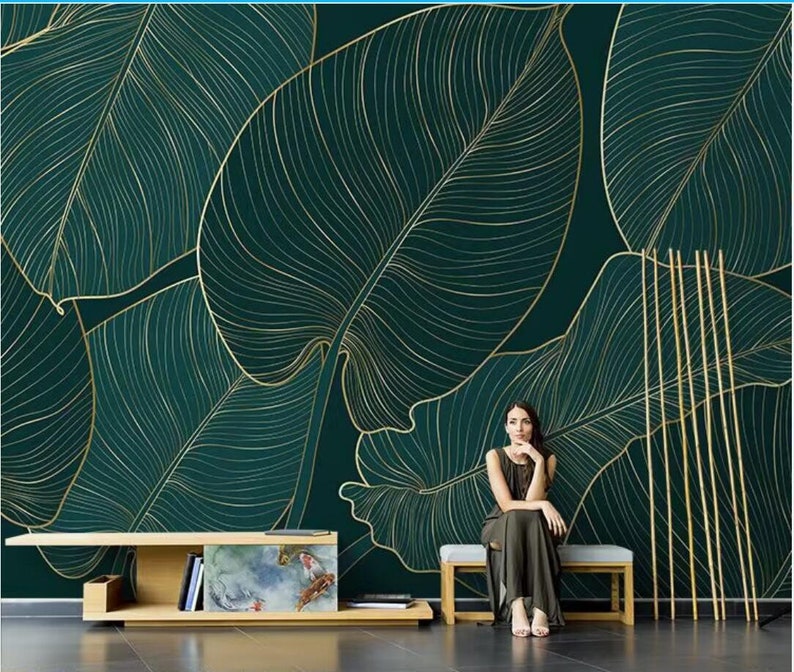 Dark Green Leaf Simple Leaves Wallpaper Wall Mural Home Decor Etsy