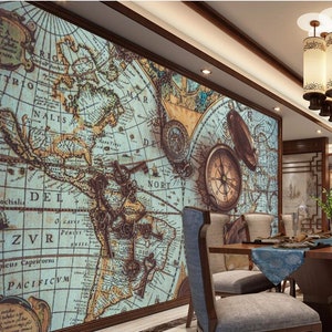 Papier peint personnalisé carte du monde rétro montre de poche peintures murales canapé restaurant salon TV décoration murale