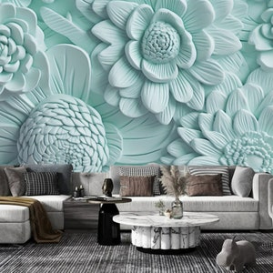 3D Pfingstrose Wallpaper Wandbild: Minzgrün Blumen Dekor