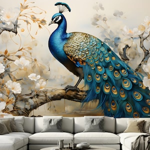 3D Big Peacock Hanging Magnolia Tree Wallpaper Wall Mural for Living Room Dinning Room Bedroom