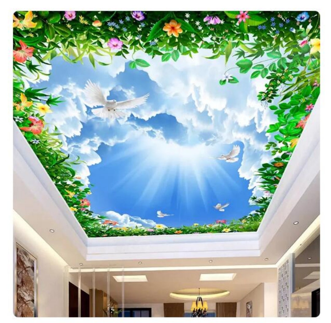 Blue Sky White Clouds Vine Ceiling Background Decor Wallpaper Living ...