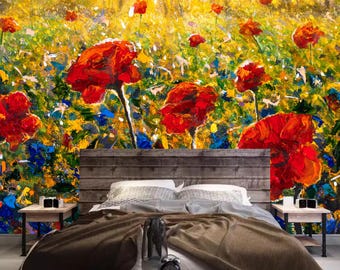 Red Poppy Flowers Wildflowers Field Wallpaper Wall Mural Home Decor
