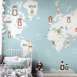 Papier peint de pépinière de carte du monde bleu de dessin animé, papier peint de chambre d'enfant de chambre de bébé d'animaux de bande dessinée de carte du monde