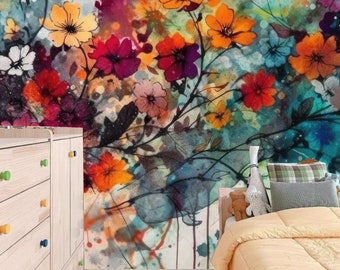 Beautiful Watercolor Small Flowers Floral Kids' Baby Girls' Children's Room Nursery Wallpaper Wall Mural Home Decor