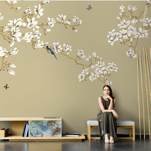 Chinoiserie Magnolia Tree Wallpaper: Bird & Flower Wall Mural