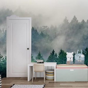 Cartoon Pine Tree Forest Wallpaper Mural: Kids Room Decor