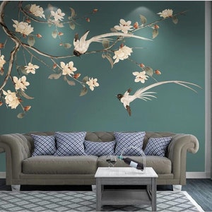 Chinoiserie Magnolia Wallpaper: Handpainted Birds & Flowers Wall Mural