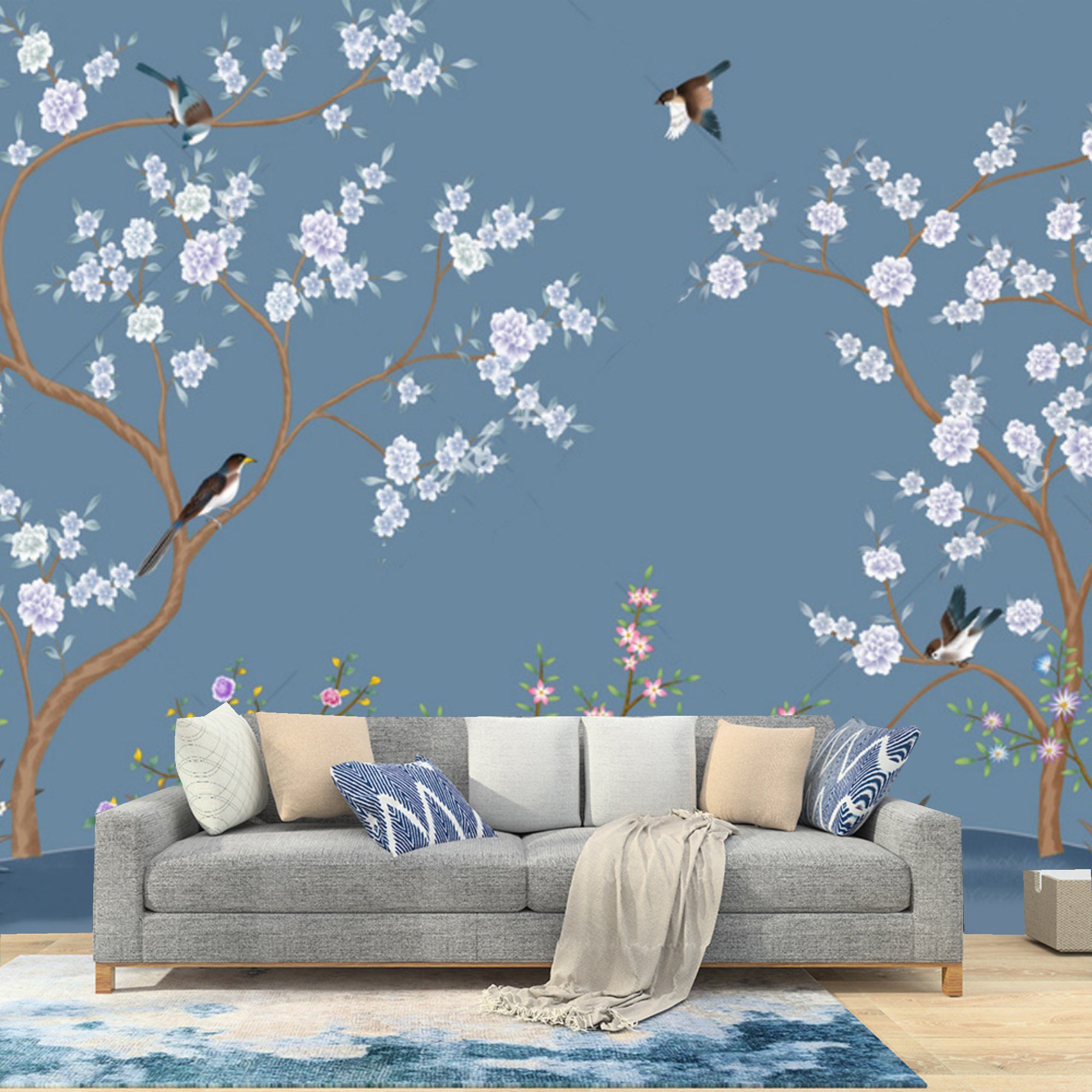 Chinoiserie Cherry Blossom Wallpaper Mural: Birds & Vines Home