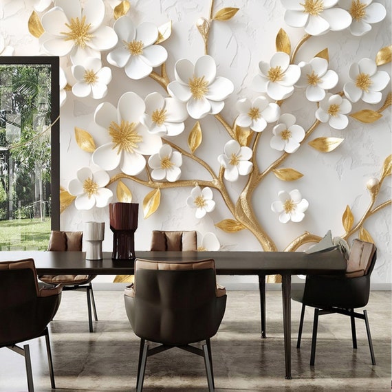 本物の花フレーム入り リーフ インテリア 壁掛け 24K GOLD　◯◯　新生活 3D White Flower Tree Mural: Gold Leaf Wallpaper - Etsy