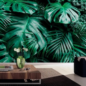 Tropical Green Leaves Palm and Monstera Leaf Wallpaper Wall Mural Home Decor