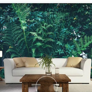3D Watercolor Tropical Rainforest Fern Leaves Herbs Wallpaper, Fresh Dark Green Leaves and Flowers Tropical Plants Wall Murals Wall Decor