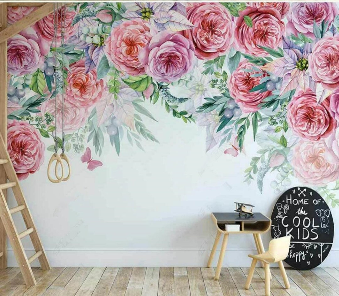 Pink Rose Floral Wallpaper Mural: Home Decor - Etsy