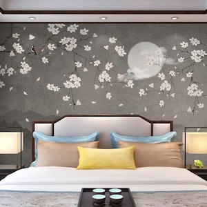 Chinoiserie Magnolia Wallpaper Mural: Flying Birds, Moon Home Decor