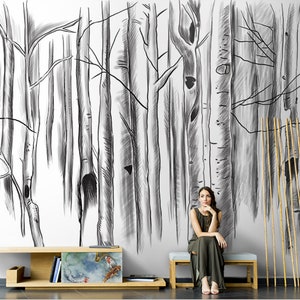 Hand Painted Abstract Sketch Trees Wallpaper Wall Mural, Abstract Grey Trees Wall mural Wall Decor for Bedroom living Room