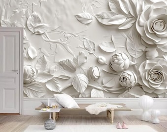 3D White Floral Wallpaper Mural: Living Room, Bedroom Decor