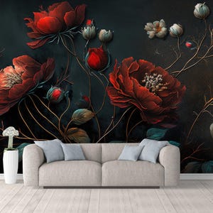 Dark Background Red Blooming Flowers Flowerbeds Floral Wallpaper Wall Mural Wall Decor