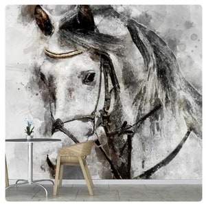 Hand Painted Horse Wallpaper Mural: Grey and White Watercolor