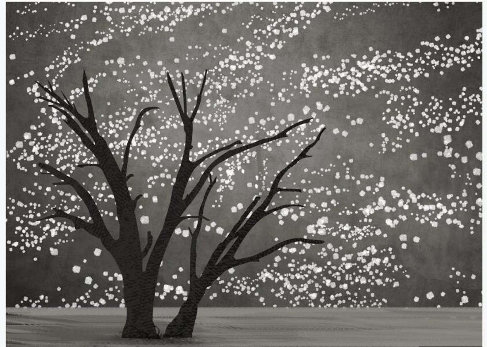 Grey Background Huge Tree Wallpaper Handpainted White Leaves Etsy