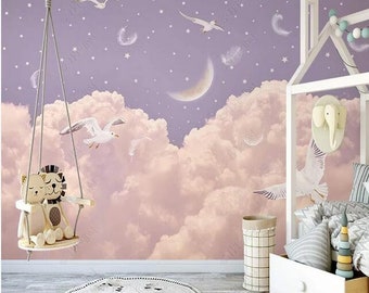 Cartoon Clouds and Stars Nursery Wallpaper, Flying Birds and Feathers Babies' Room Kids' Room Wall Murals Wall Decor