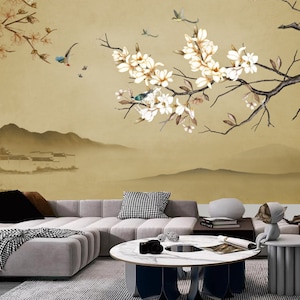 Chinoiserie Light Yellow Background Magnolia Blossom with Birds Wallpaper Wall Mural Wall Decor for Living Room Bedroom Dinning Room