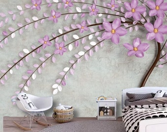 Hot Pink Fuchsia Flower Tree Nursery Baby Girls‘ Kids' Room Children's Room Nursery Wallpaper Wall Mural for Living Room Bedroom