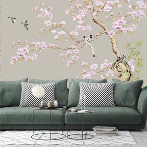 Chinoiserie Brushwork Hanging Pink Magnolia with Birds Wallpaper Home Decor Wall Mural for Living Room Bedroom Dinning Room