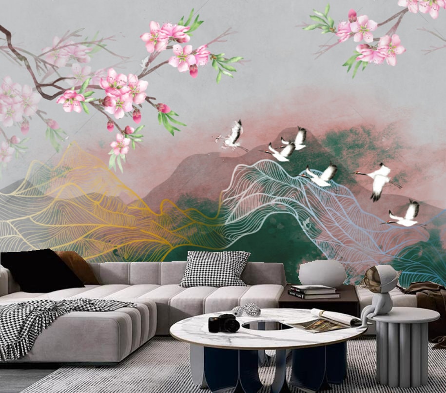 Chinoiserie Hanging Cherry Blossom With Flying Cranes and Mountains ...