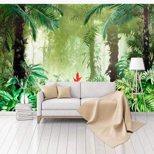 Southeast Asia Tropical Rainforest Tropical Plants Jungle Wallpaper, Watercolor Palm Tree Fresh Tropical Plants Wall Murals Wall Decor