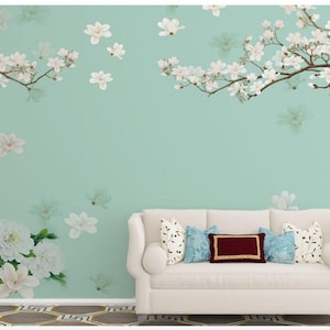 Chinoiserie Brushwork Green Background Hanging Magnolia Wallpaper Wall Murals for Living or Dinning Room