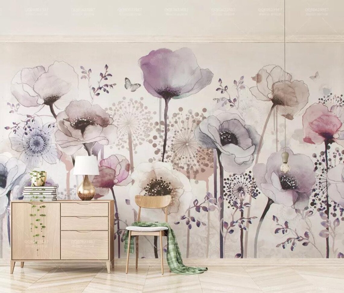 Watercolor Lilac Poppy Floral Wallpaper: Hand-painted Wall Mural - Etsy
