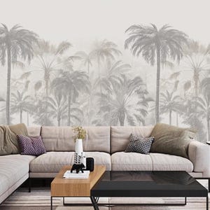 Mural de pared con diseño de jungla, bosque, palmeras y jungla en color beige claro, decoración del hogar