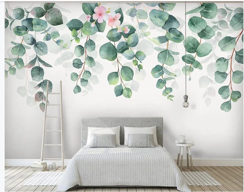 Watercolor Fresh Hanging Vine Green Leaves Wall Mural Hand Etsy