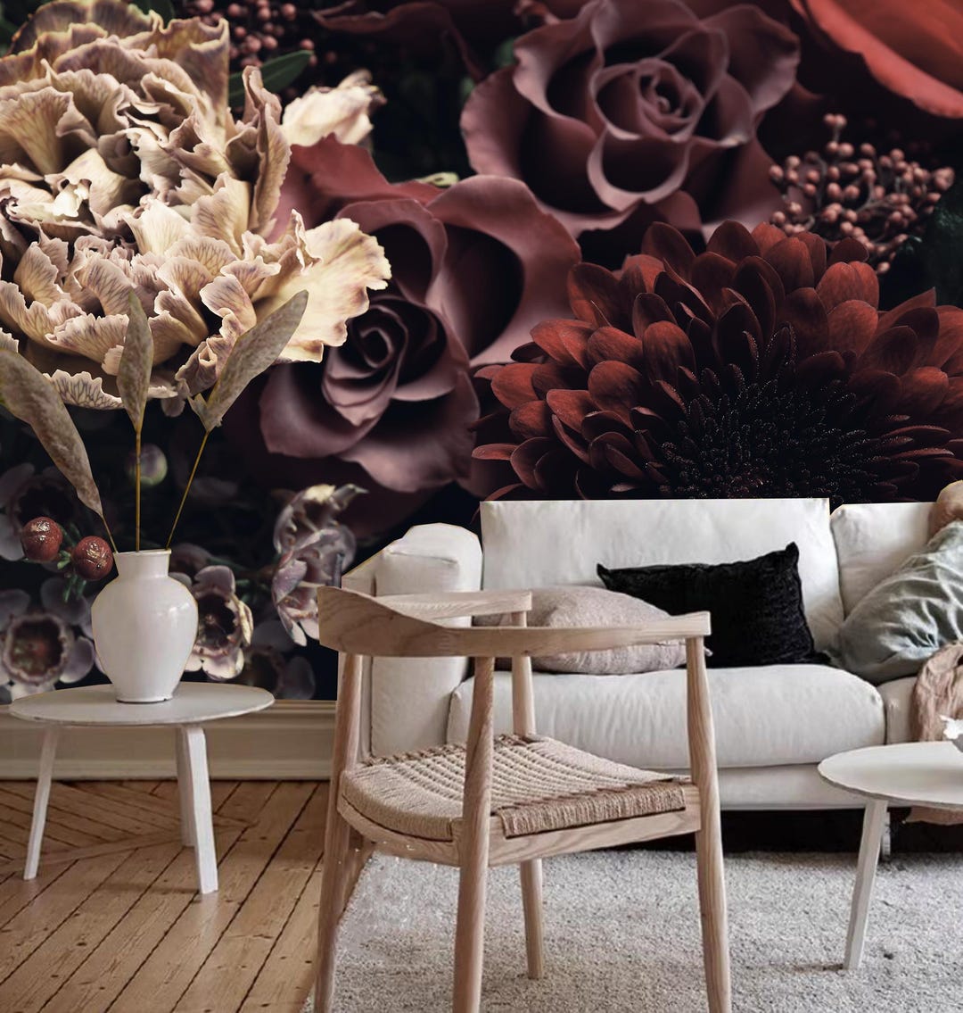 Wine Red Peony Floral Wallpaper Mural: Dark Blooming Flower Wall Decor ...