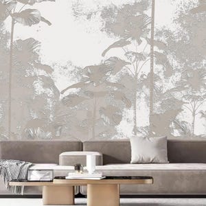 Mural de pared con paisaje de selva tropical, palmeras y plantas grises, decoración del hogar