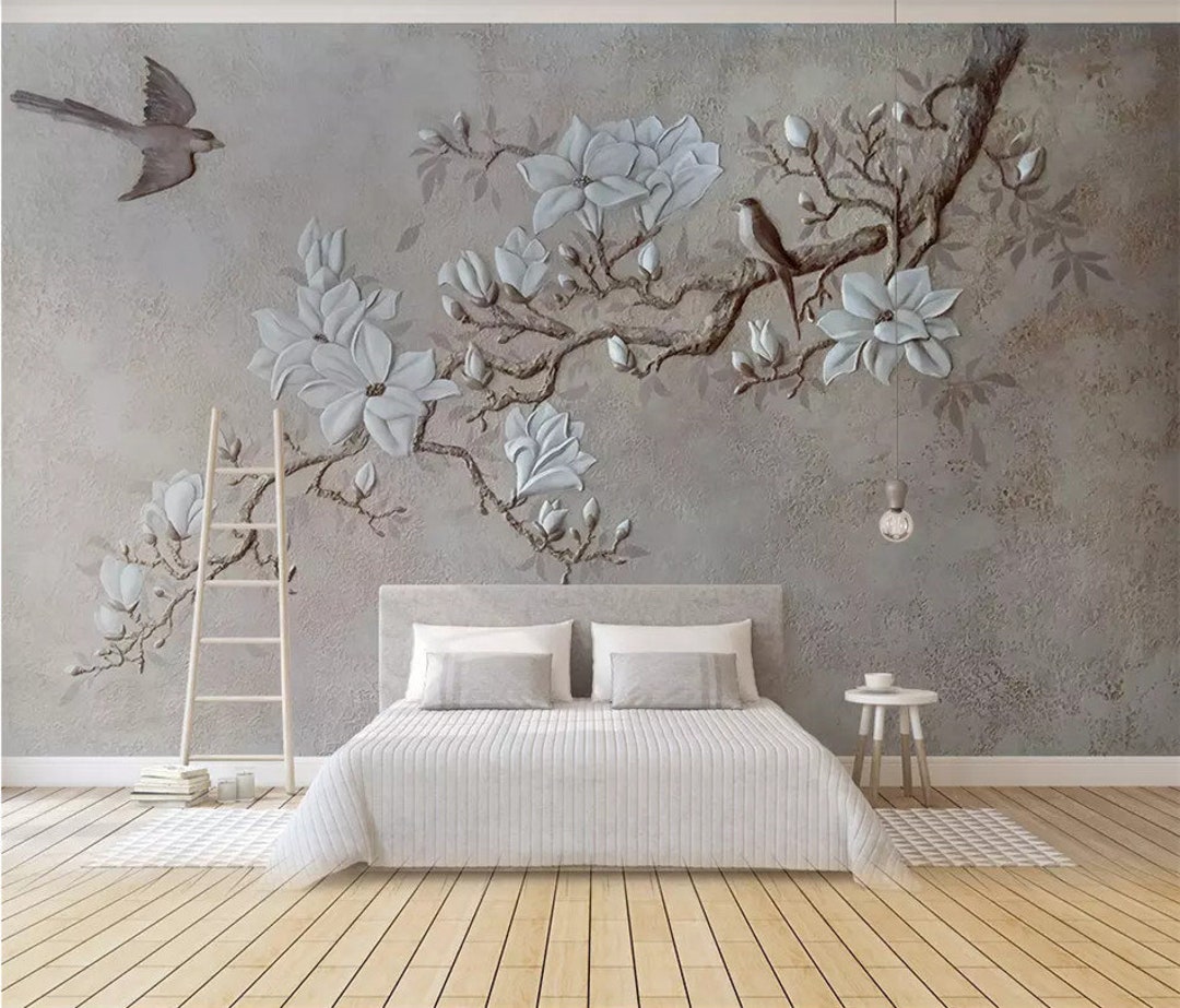 Papier peint branches de magnolia en 3D avec des oiseaux nr. w08690 – magasin en ligne