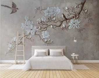 Custom Chinese Floral Wallpaper: 3D Relief Magpie Magnolia Mural
