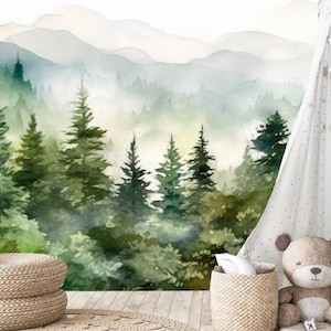 Watercolor Pine Tree Forest Wallpaper Mural: Mountain Landscape Nursery Decor