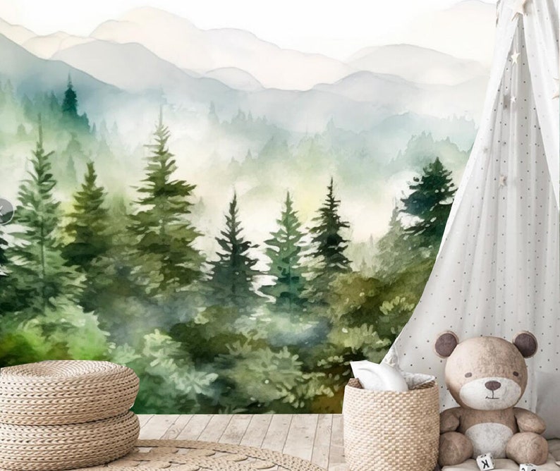 Watercolor Pine Tree Forest Wallpaper Mural: Mountain Landscape Nursery ...