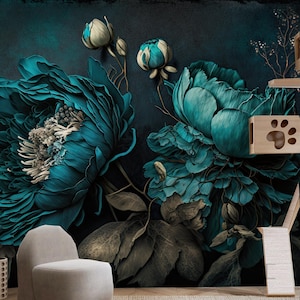 Dark Background Green Peony Flowers Floral Wallpaper Wall Mural Home Decor