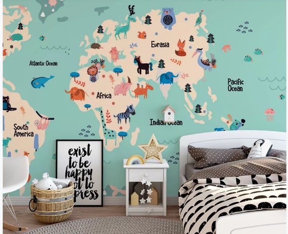 Children Safari World Map Wallpaper Mural