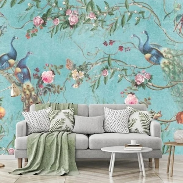 Chinoiserie Blue Background Blue Peafowl Branch and Peony Flowers Wallpaper Wall Mural Home Decor for Living Room Bedroom or Dinning Room